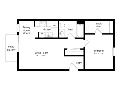 Floor plan for 1 bed, 1 bath, 660 sqft
